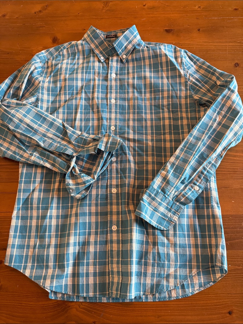J. Crew Factory Men’s Teal & White Plaid Button-Down Shirt, slim untucked fit.